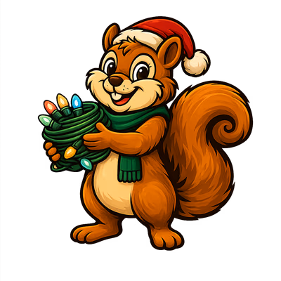 Chestnut & Cheer mascot holding a bundle of Christmas lights