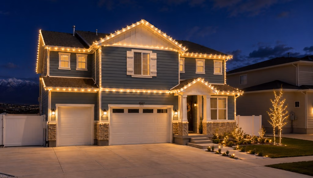 Christmas light installation on a home in Utah County